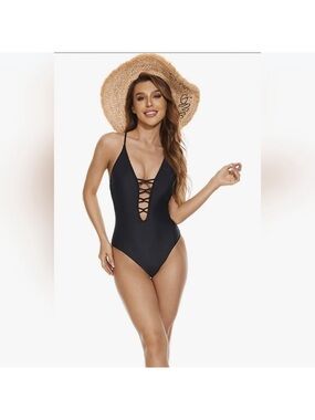 Black Lace-Up Plunge One-Piece Swimsuit - Women Swim